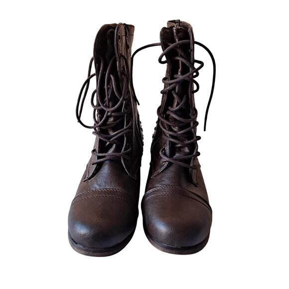 Madden Girl Brown Non-Leather Lace Up Combat Flat Boots w/ back Studs - Size 8 - Picture 1 of 12